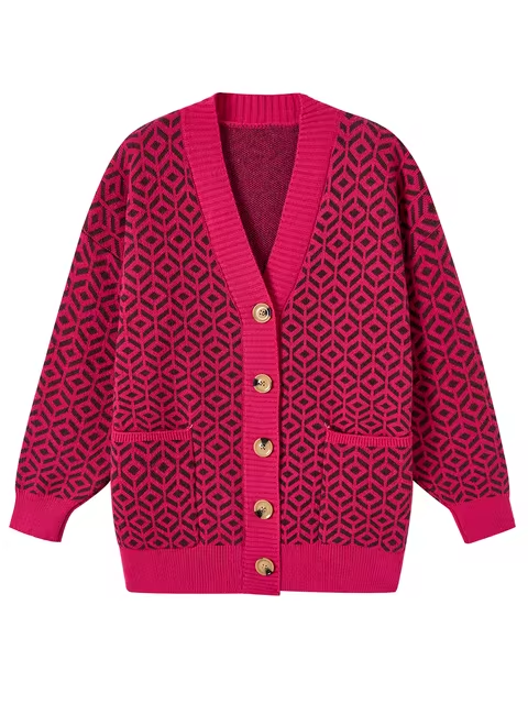 WW | Cozy knitted cardigan with geometric pattern and button placket