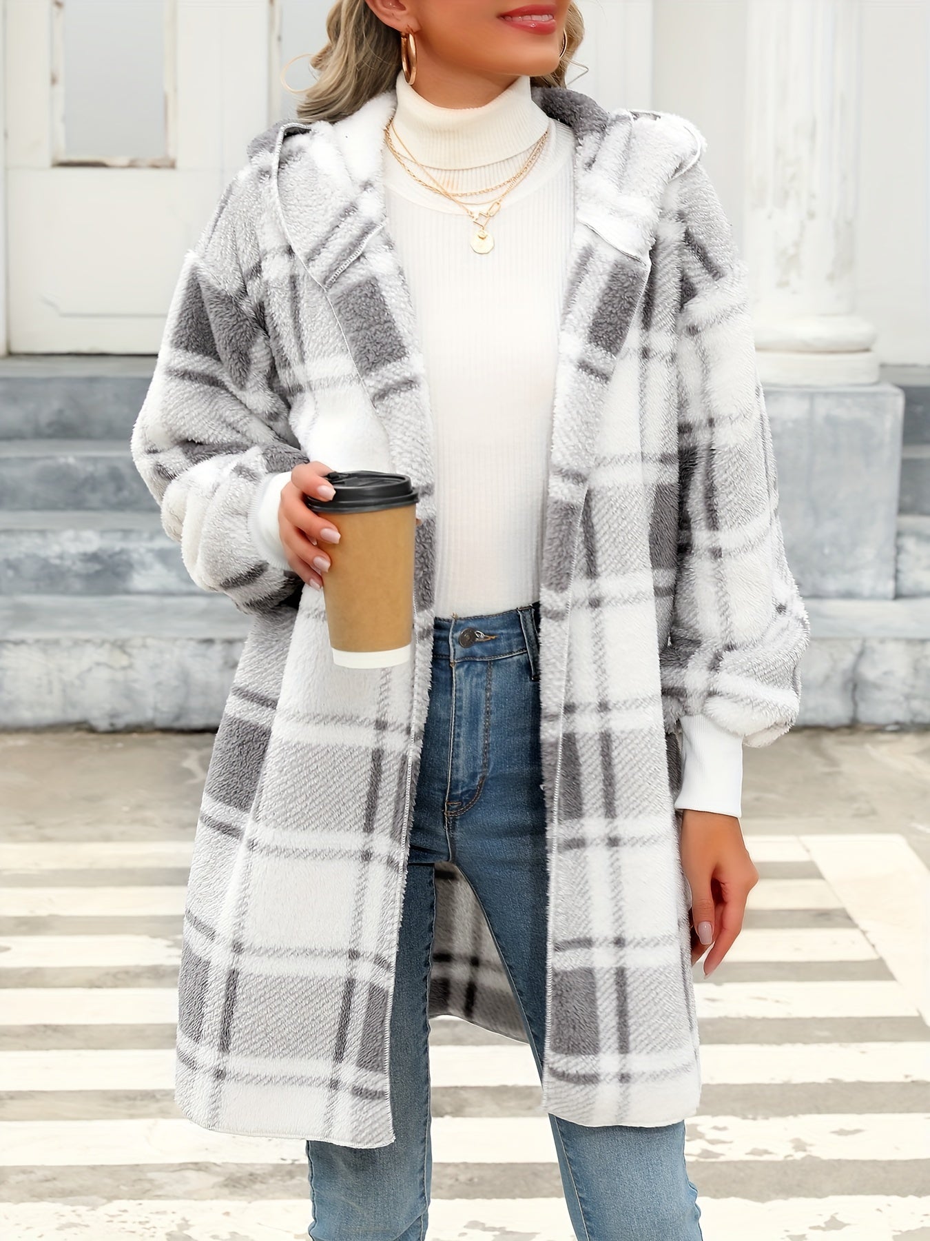 WW | Women's Hooded Plaid Fleece Knit Cardigan - Perfect for Everyday Wear