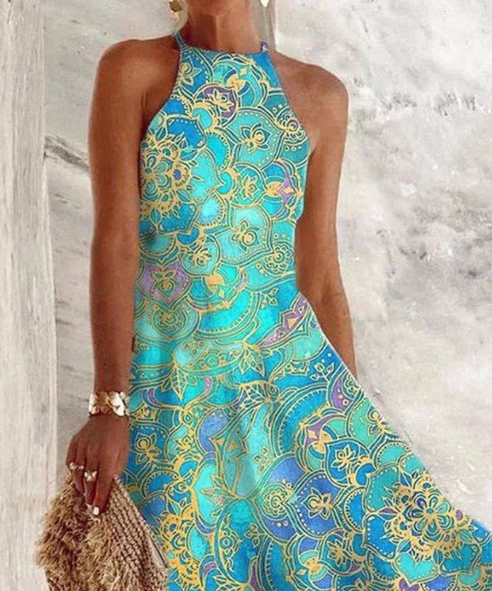Miriam – Sleeveless Women's Dress with Halter Neck and Vintage Pattern