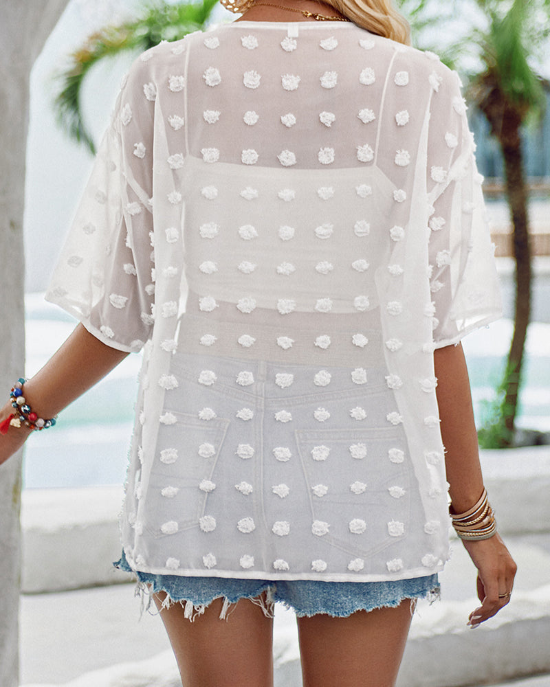 WW | Unifarben dünne Jacquard-Cardigan mit kurzen Ärmeln