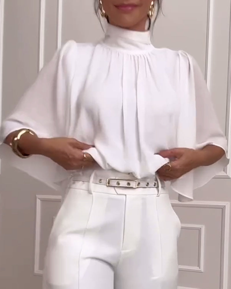 WW | Solid Colored Blouse with High Collar and Flutter Sleeves
