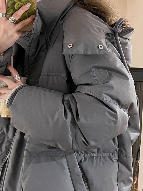 WW | Grey Solid Heart Embellished Hooded Puffer Jacket