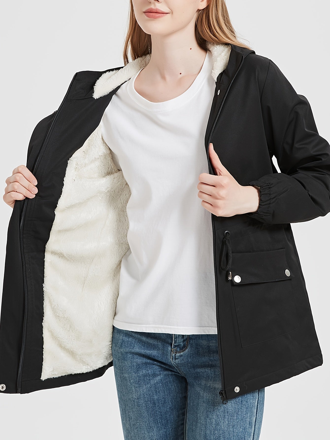 WW | Women's Black Winter Casual Jacket with Faux Fur Lining and Adjustable Waist - Ideal for Autumn/Winter