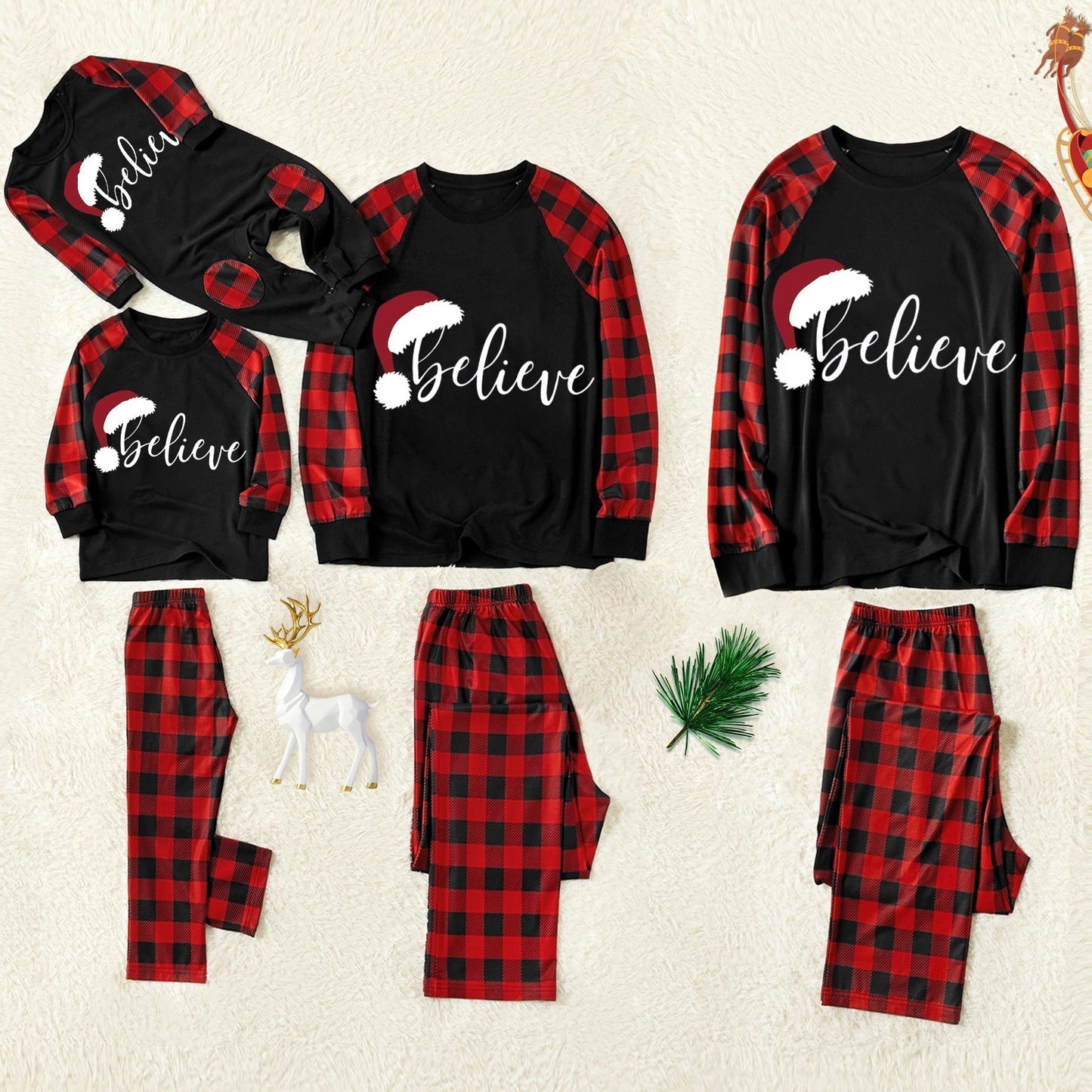 WW | Weihnachts Cartoon Katze Muster "Meowy Christmas" Kontrast Oberteil und Schwarz & Rot Karierte Hose Familie Passende Pyjama Set