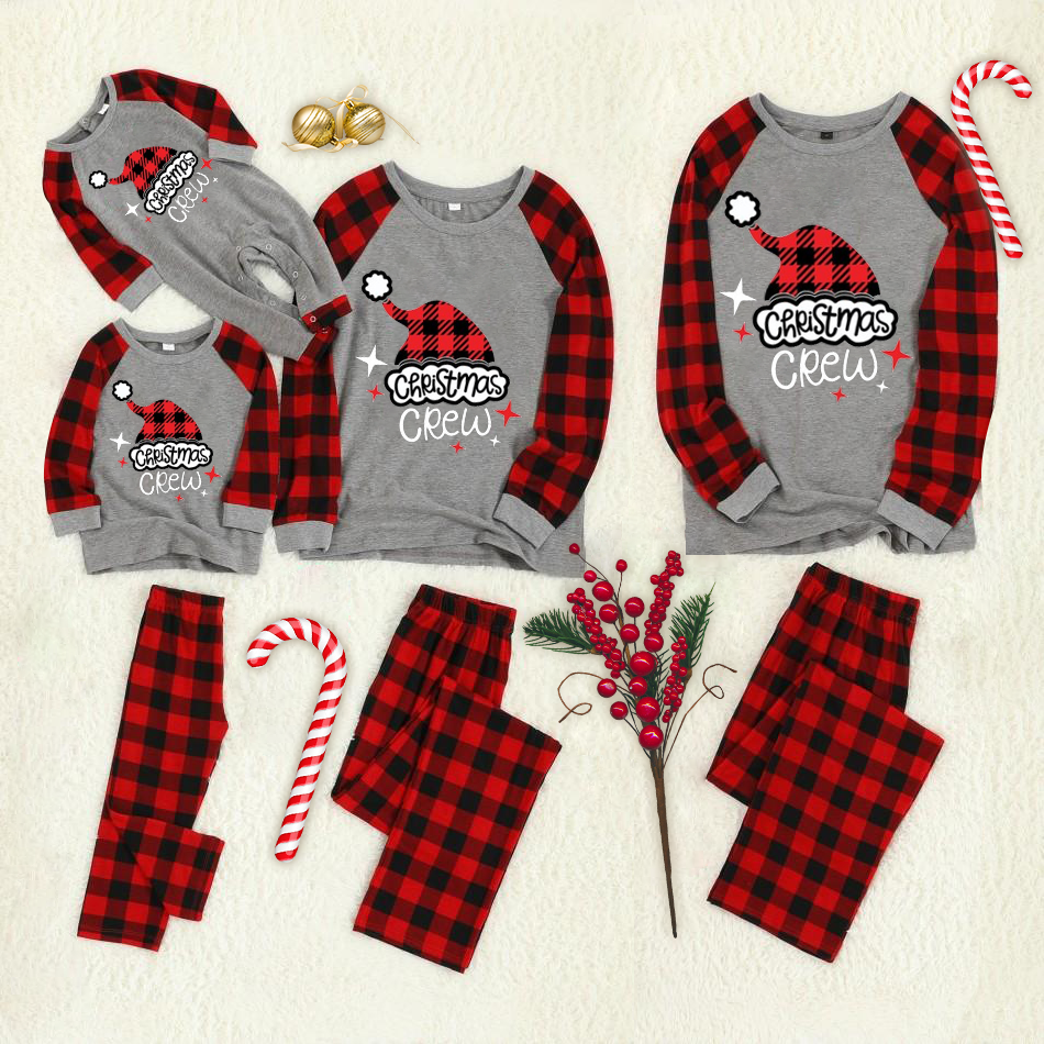 WW | Christmas Cartoon Cat Pattern "Meowy Christmas" Letter Print Contrast Top and Plaid Pants Family Matching Pajama Set with Dog Bandana
