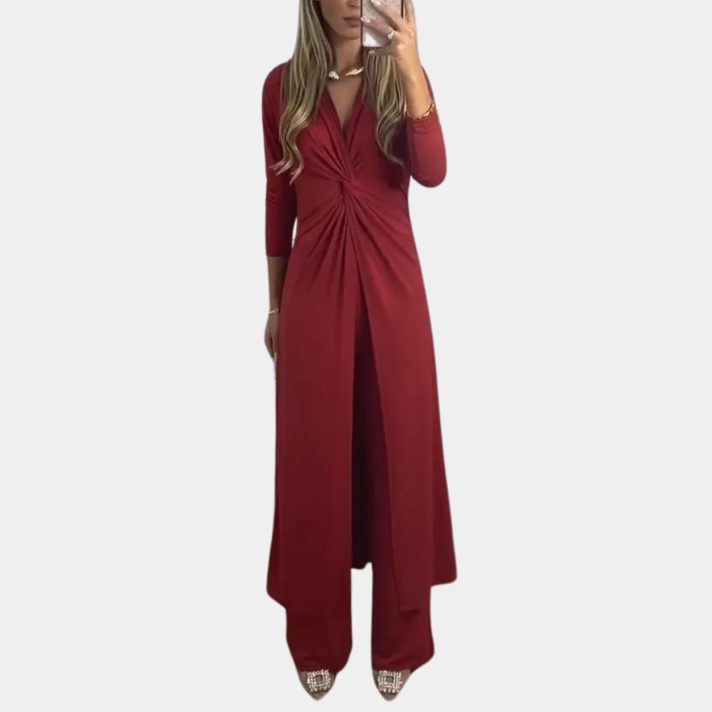 WW | Women's Jumpsuit with Maxi Overlay - Evening Wear with V-Neck and Ruching