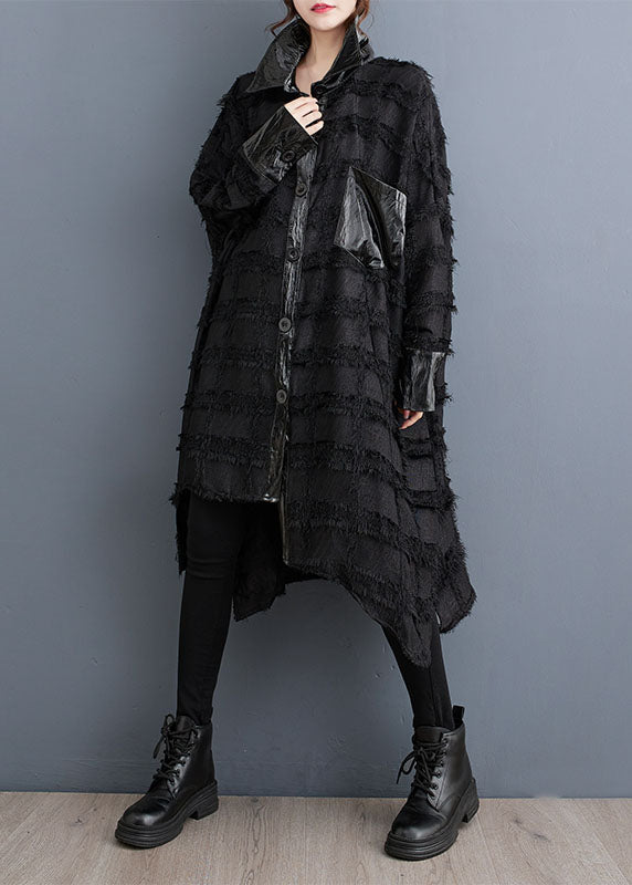 WW | Black Asymmetrical Pocket Patchwork Button Trench Coats
