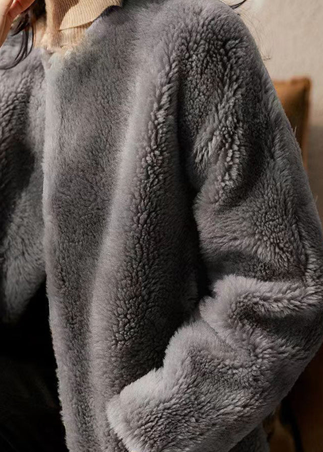 WW | Gray Crew Neck Pockets Patches Wool Jackets Winter
