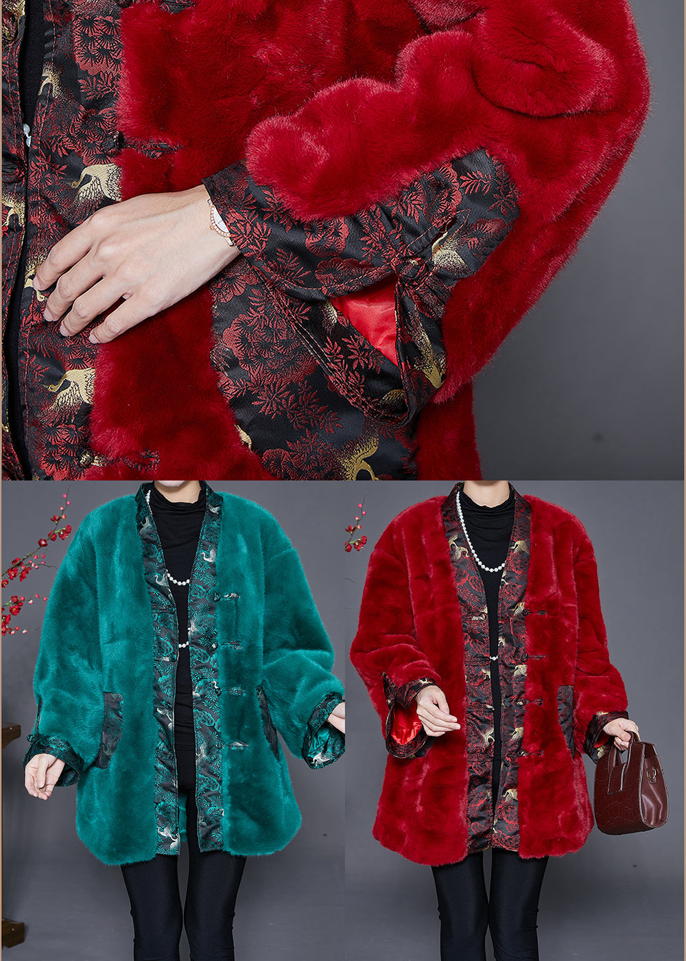 WW | Pfauen Grün Übergröße Patchwork Kunstpelzmantel Winter