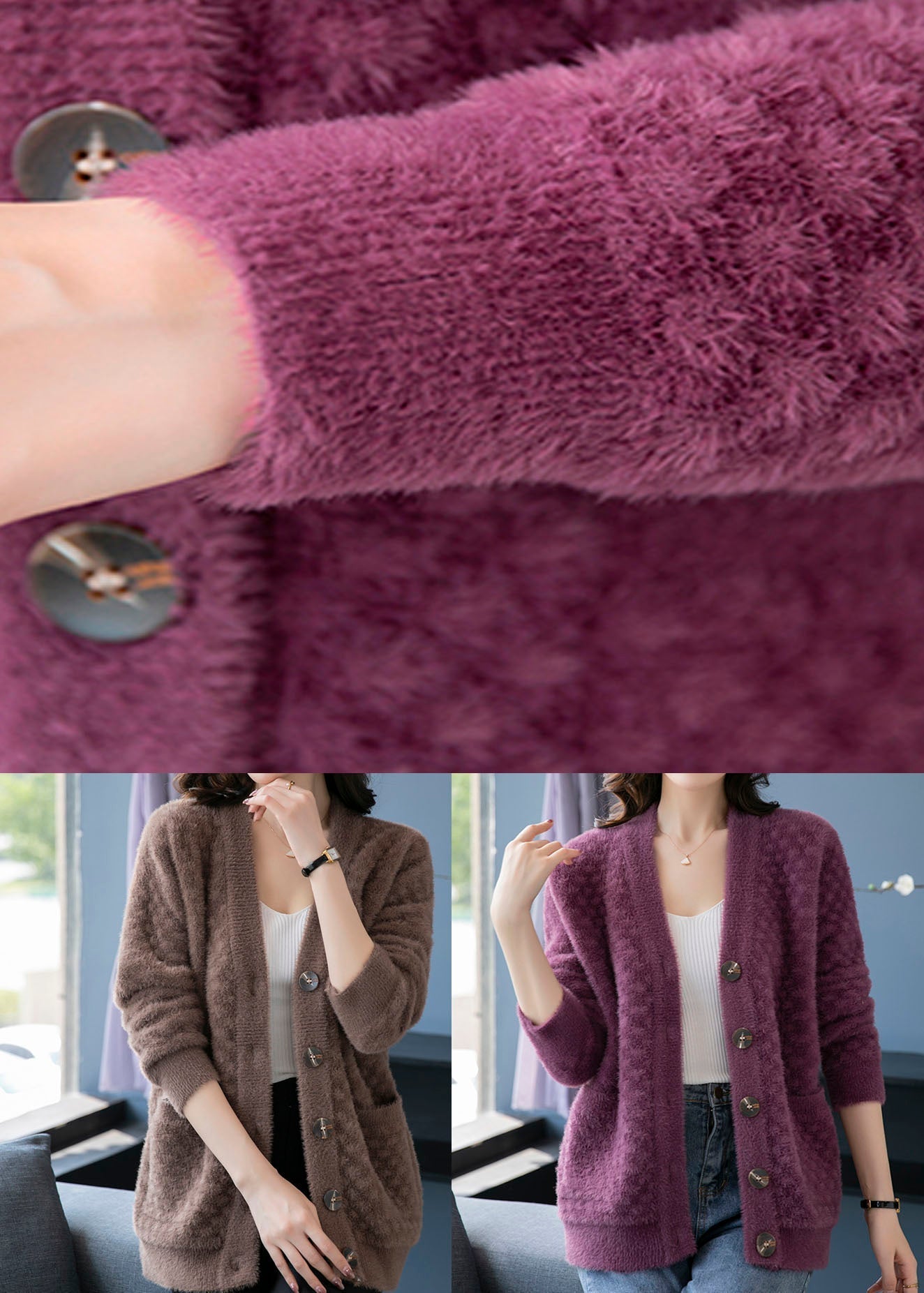 WW | Purple V-neck Pockets Patchwork Mink Fur Knit Coats