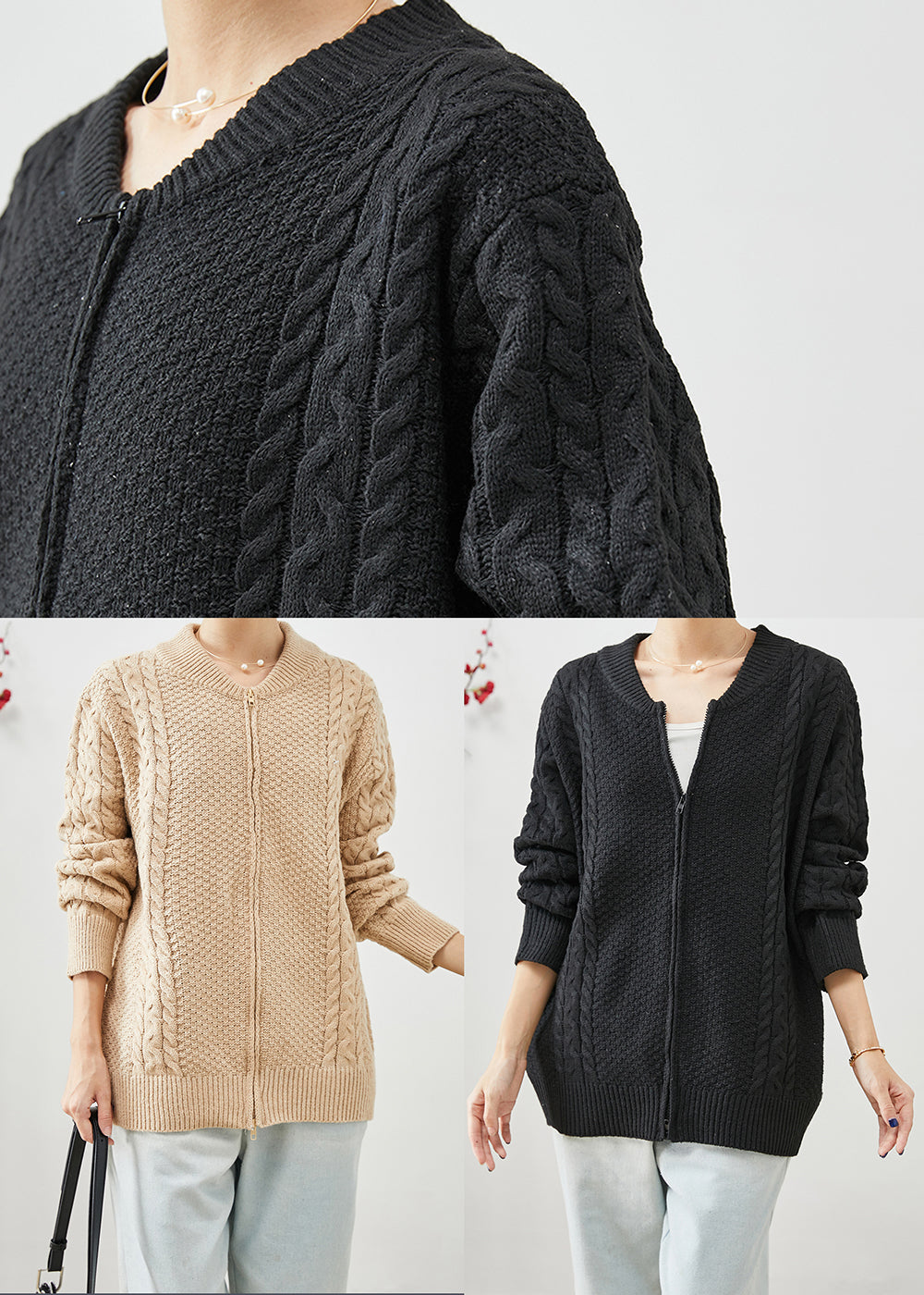 WW | Oversized Warm Cable Knit Cardigans With Zipper