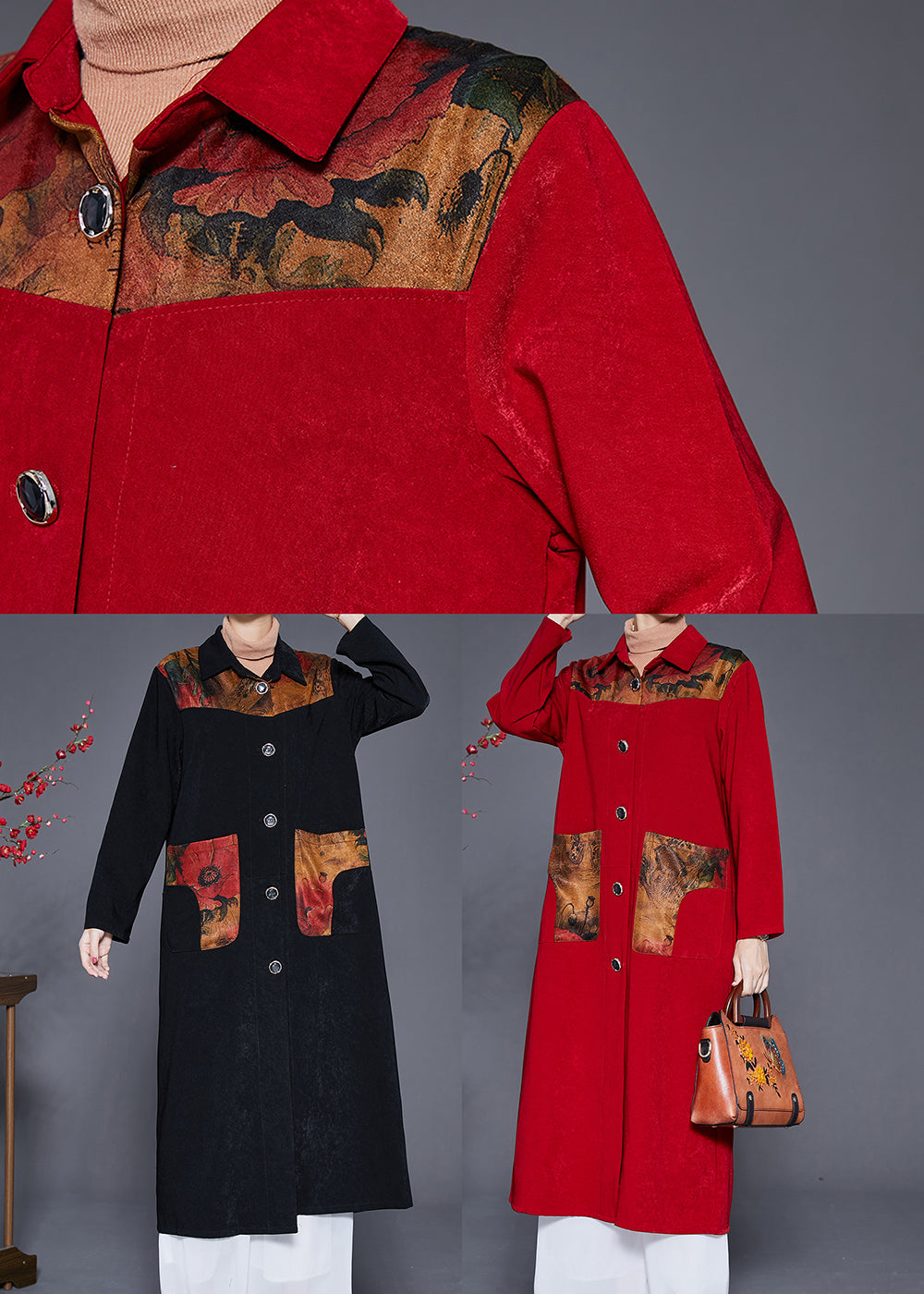 WW | Patchwork Trench Coats Plus Sizes Button Closure