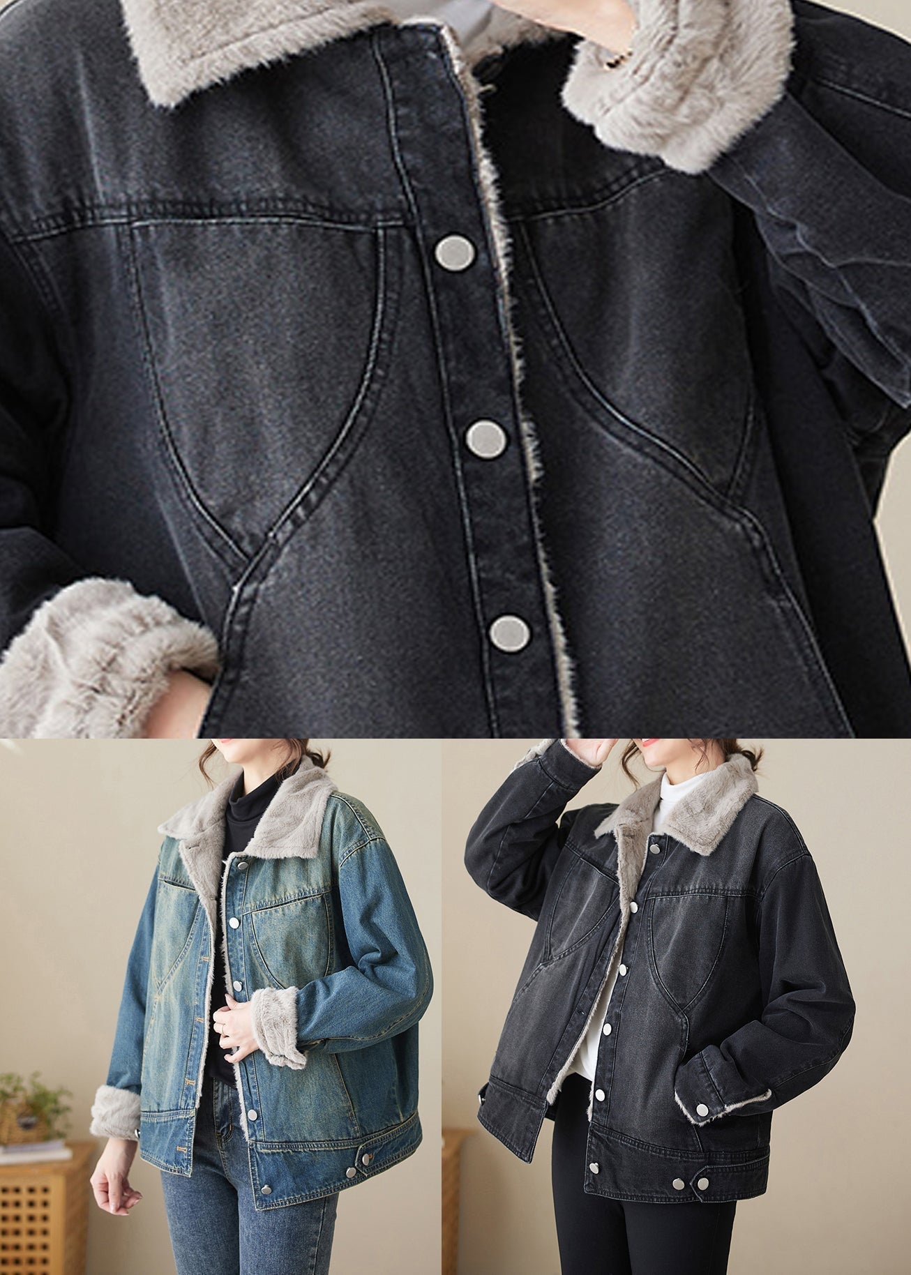 WW | Pocket Patchwork Warm Fleece Denim Jackets Peter Pan Collar Winter