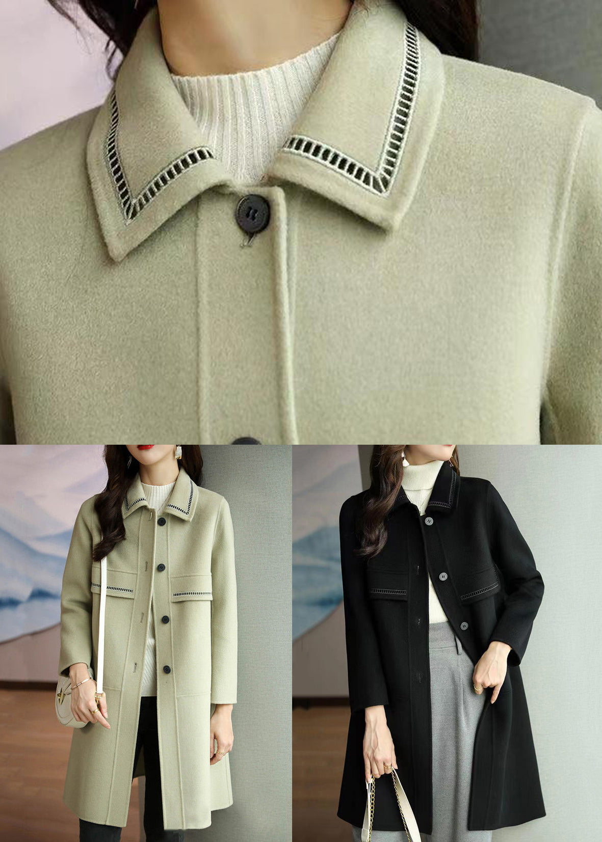 WW | Patchwork Wool Coats Peter Pan Collar Long Sleeve