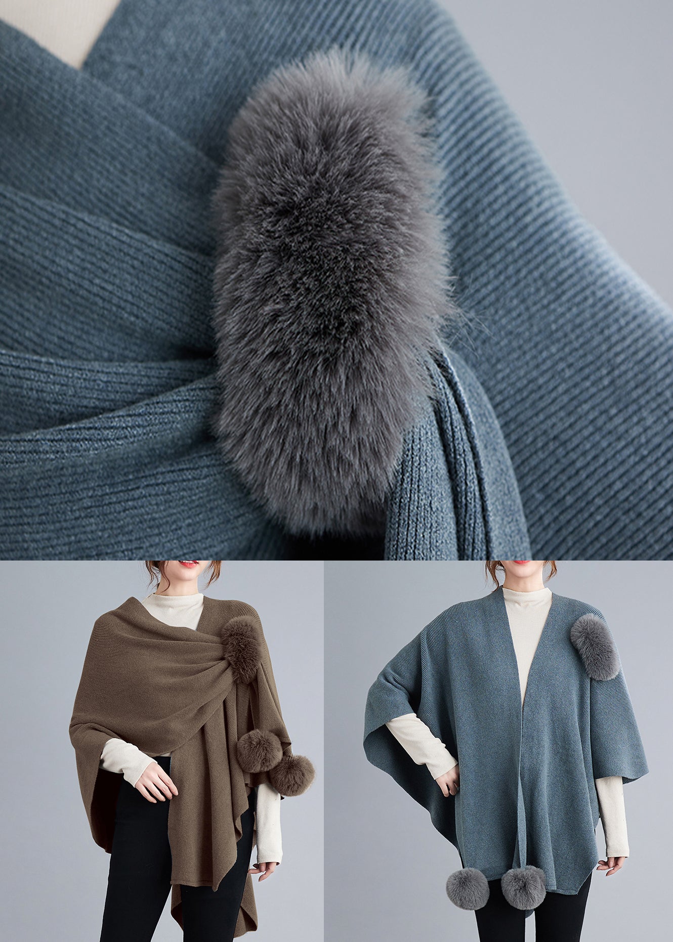 WW | Gray Patchwork Knit Cape Coat With Fluffy Pom-Pom Asymmetrical