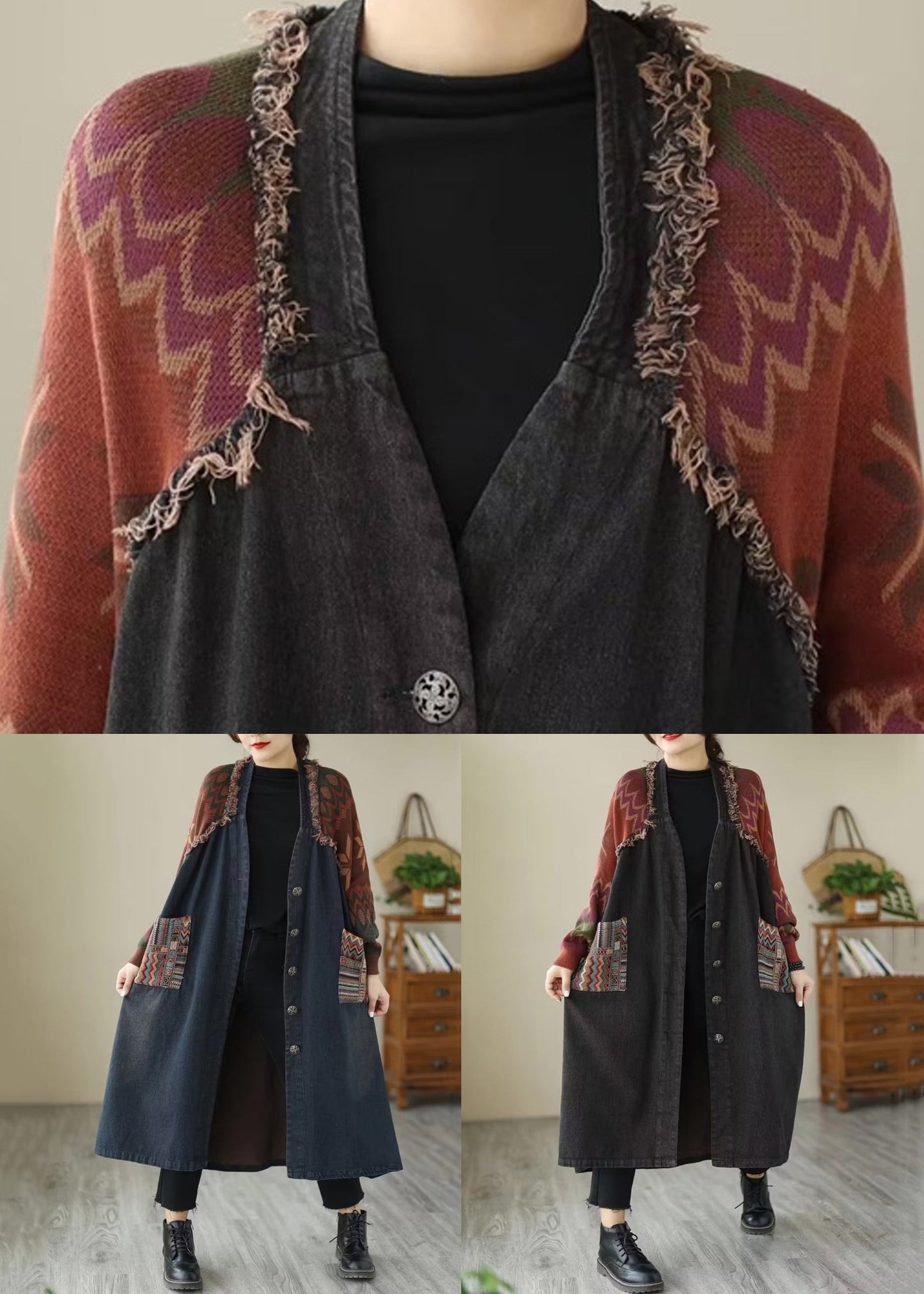 WW | Patchwork Denim Long Coats V-Neck