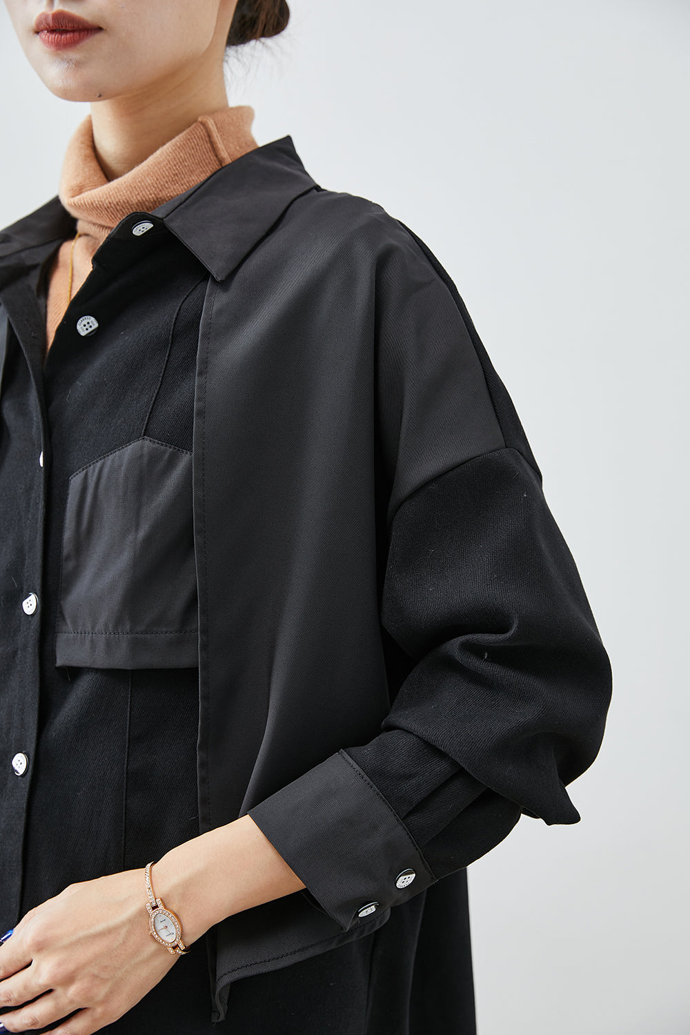 WW | Black asymmetrical cotton patchwork jackets with open back
