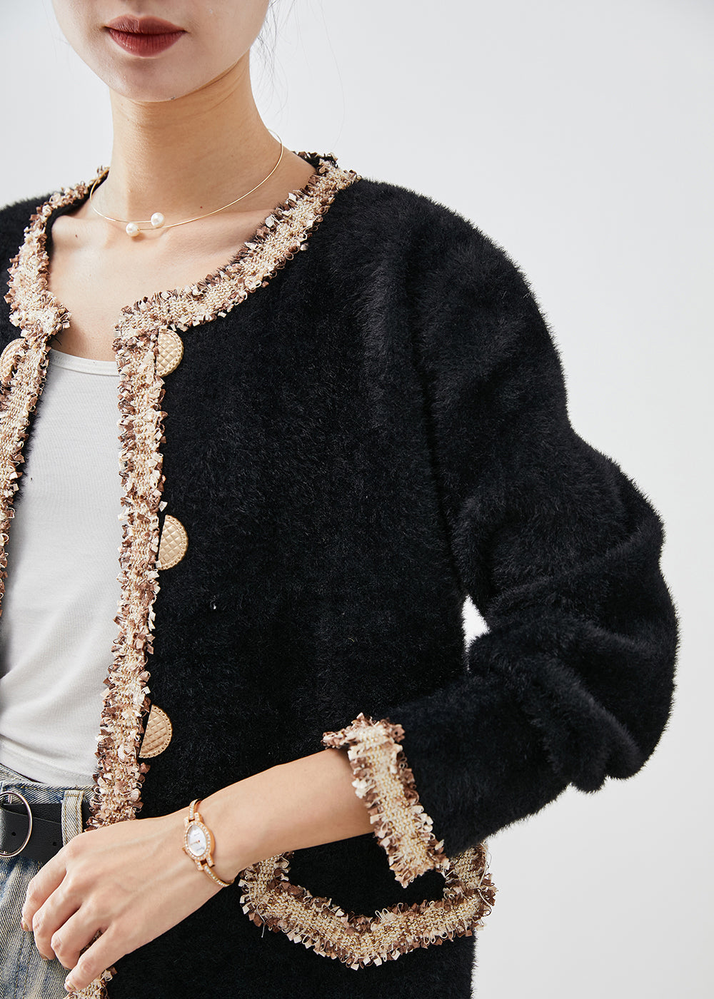 WW | Black Double-Breasted Patchwork Minky Velour Coats