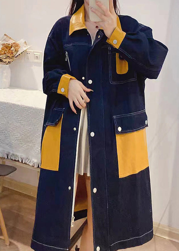 WW | Denim Blue Peter Pan Collar Patchwork Zipper Button Linen Long Trench Coats