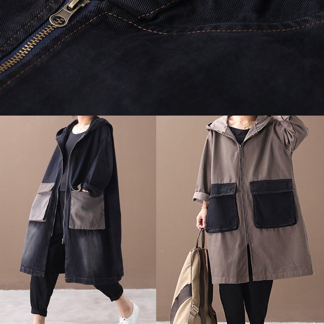 WW | Denim schwarz feine Tunika Muster Outfits mit Kapuze große Taschen Winter Damen Mäntel