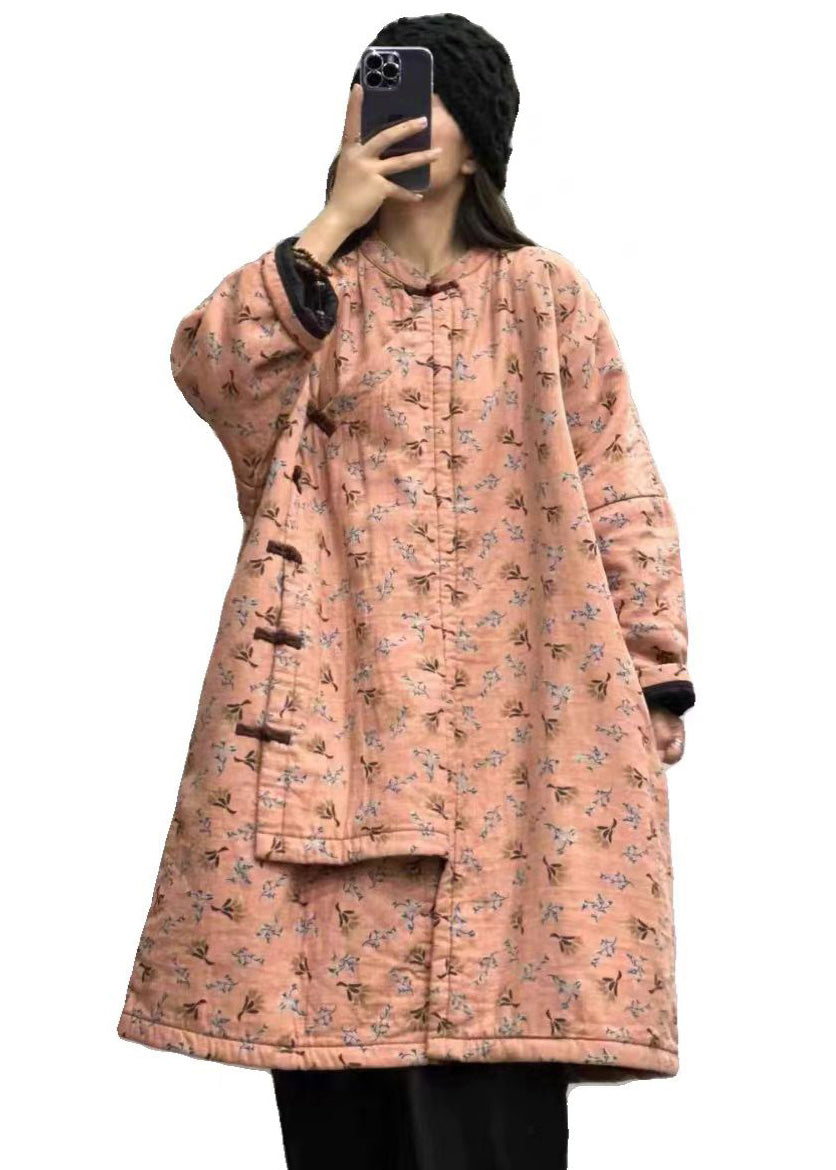 WW | Orange Stand Collar Print Chinese Button Fine Cotton-Padded Coats Winter