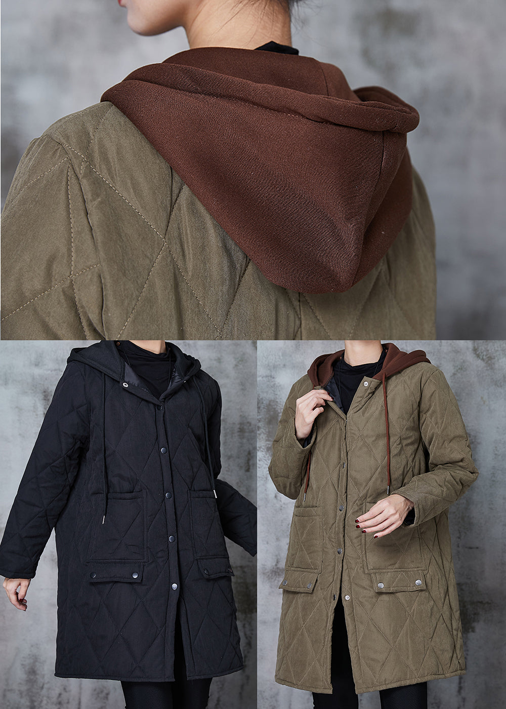 WW | Black Hooded Patchwork Fine Cotton Padded Jackets