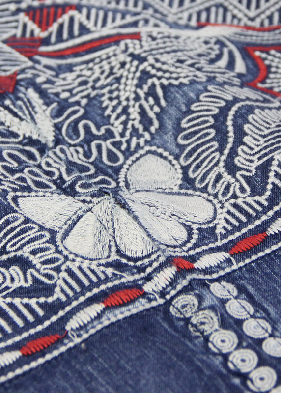 WW | Blaue Reißverschluss Kapuzen bestickte Taschen Denim Trenchcoats