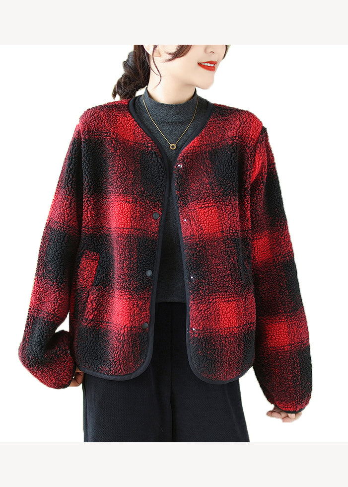 WW | Red O-Neck Pockets Plaid Faux Fur Jackets