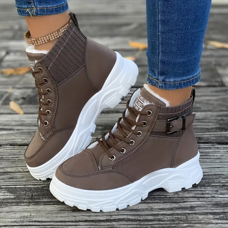 WW | Color Platform Short Boots, Fashion Lace-Up Plush Lined Boots