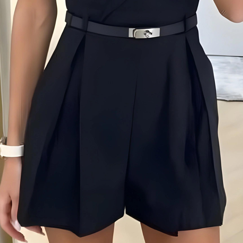 WW | Sleeveless Jumpsuit Wrap V-Neck Belted Waist Pleated Shorts Fitted Style