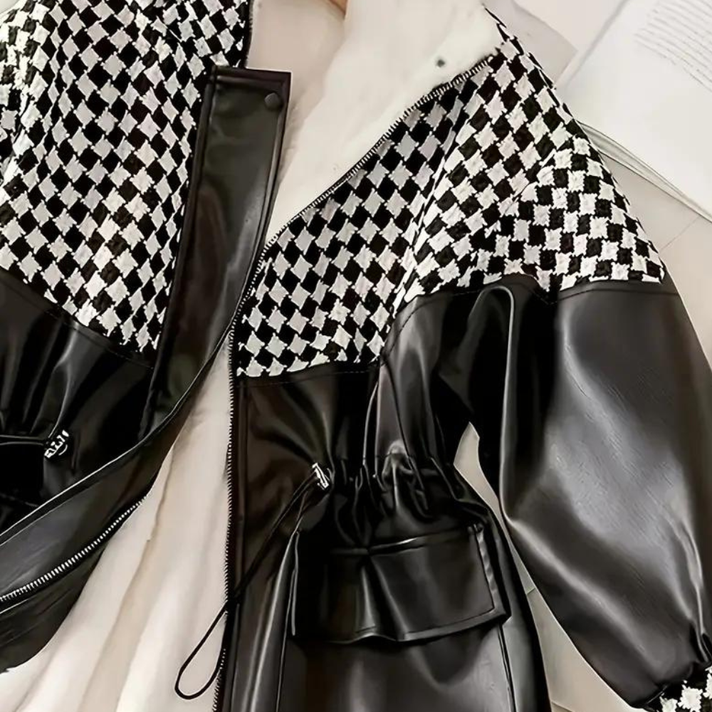 WW | Leather jacket matte effect check pattern Warm and stylish