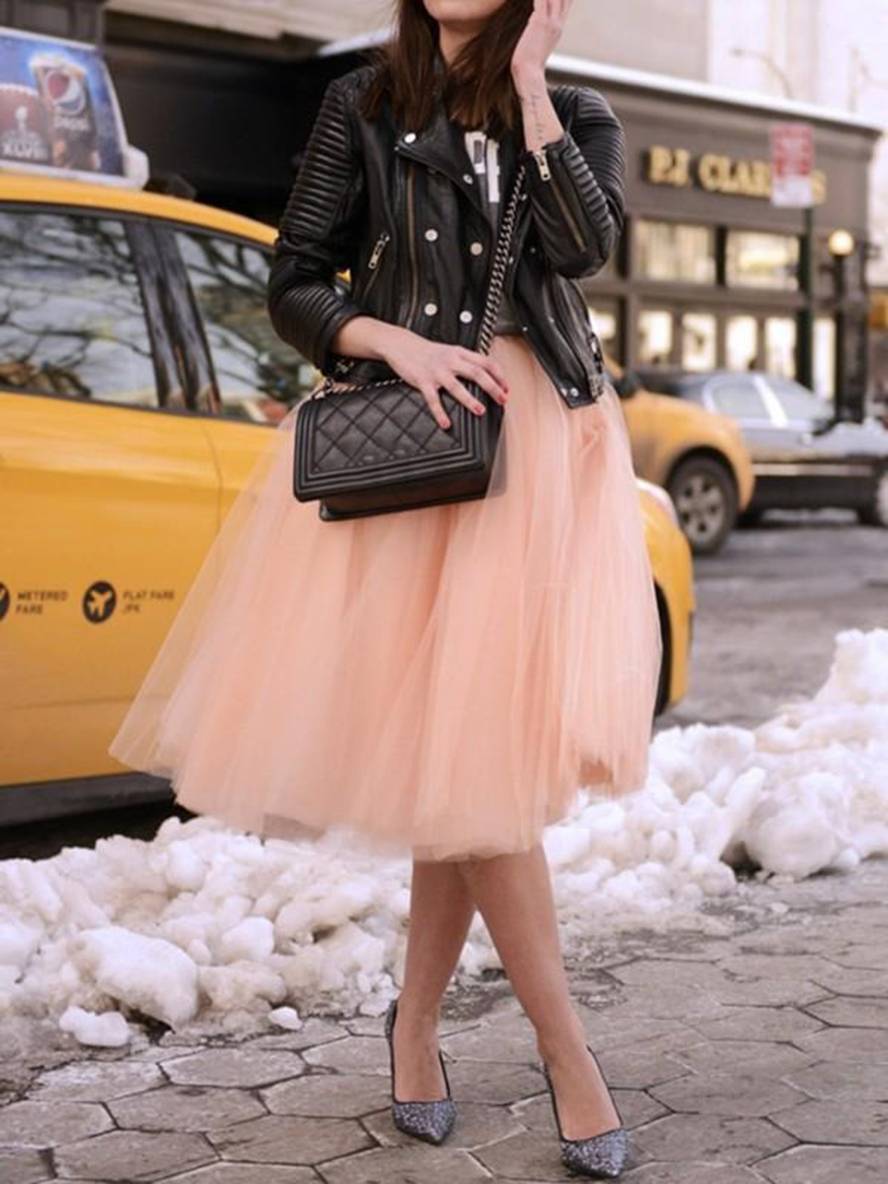 WW | Midi-Länge Faltenrock Elastischer Tutu aus Tüll Elegant Rosa