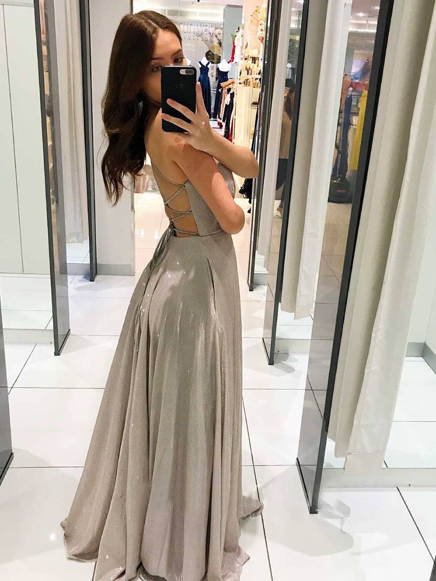 WW | Lange Robe Glänzend Pailletten Tiefer Ausschnitt Fließend Rückenfrei mit Dünnen Trägern Damen Abendkleid
