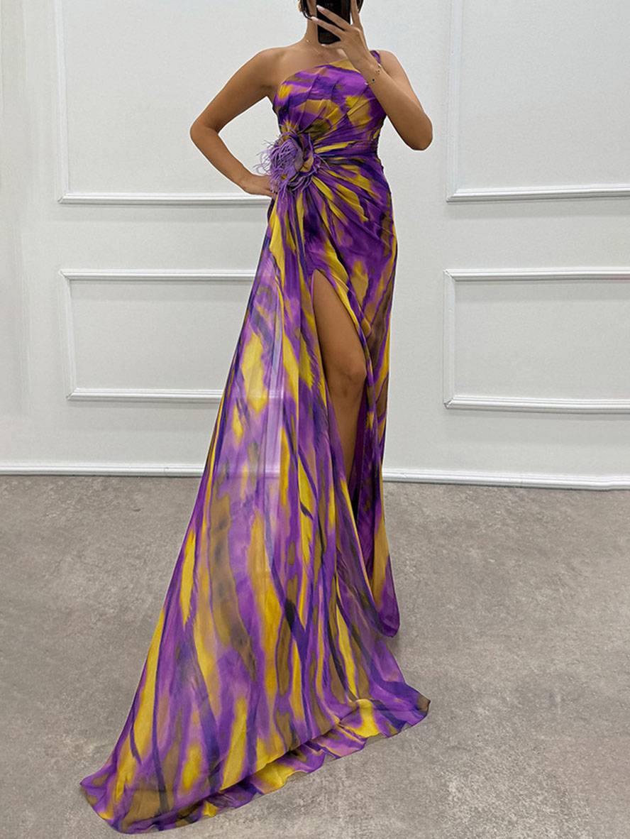 WW | Lange Kleid mit Blumenmuster aus Chiffon Seitlicher Schlitz Ein Schulterfrei Ohne Ärmel Elegante Abendkleid Damen