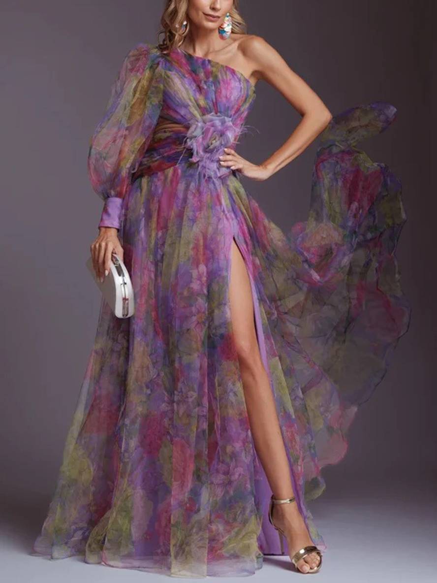 WW | Lange Kleid Gemustert mit Blumen Chiffon Tüll Geschnitten An Der Seite Eine Schulter Frauen Elegant Lässig Von Abend
