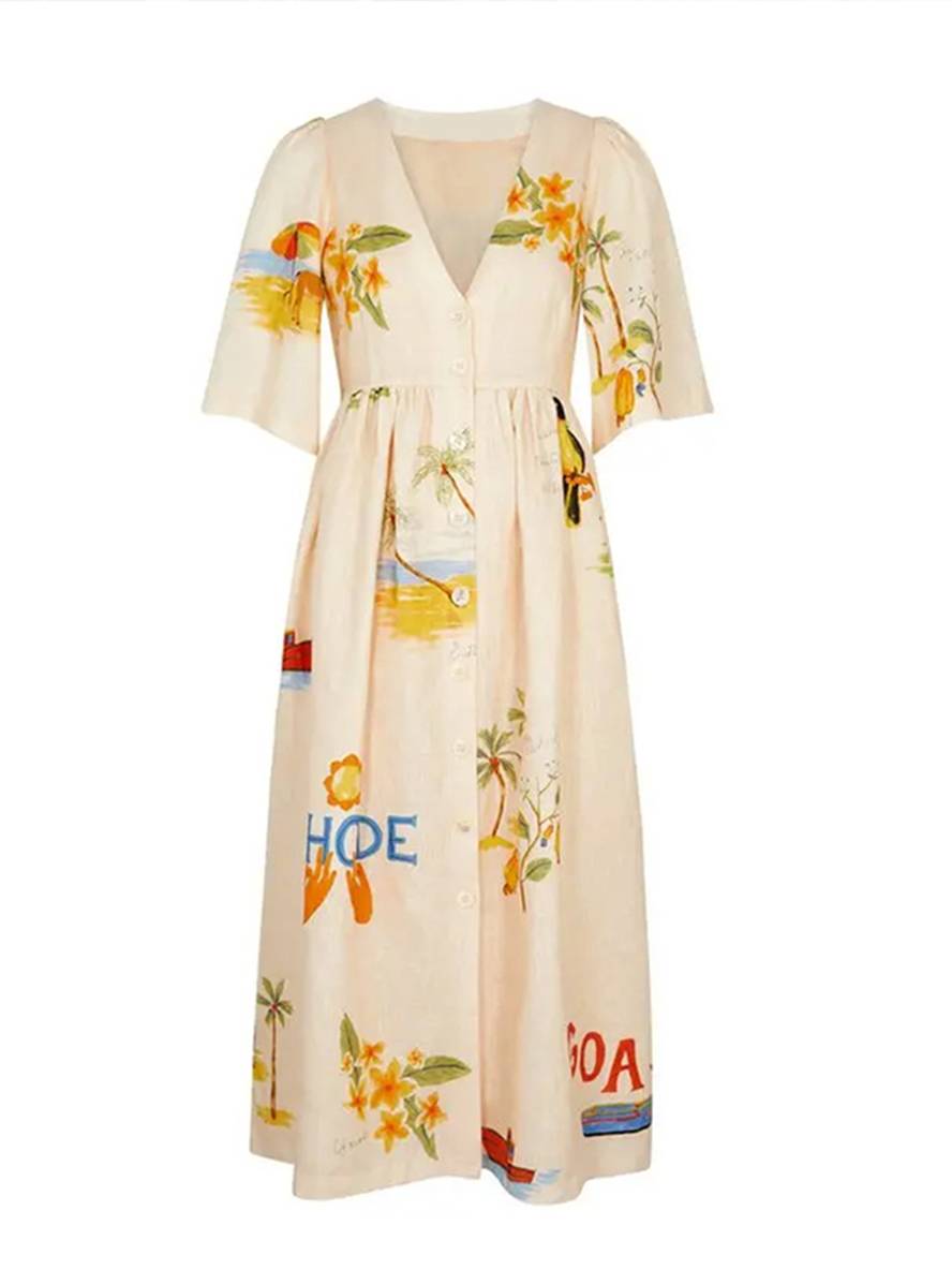 WW | Langes Kleid aus Einzigartigem Bedrucktem Leinen V-Ausschnitt Knopfleiste Puffärmel Kurzärmlig Damen Lässig Locker Sommer Casual
