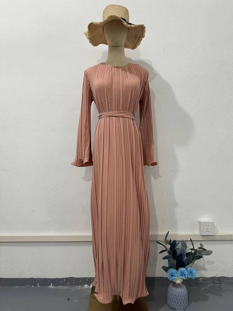 WW | Langes Fließendes Kleid Gürtel Rundhals Trompetenärmel Elegant Prom Abend