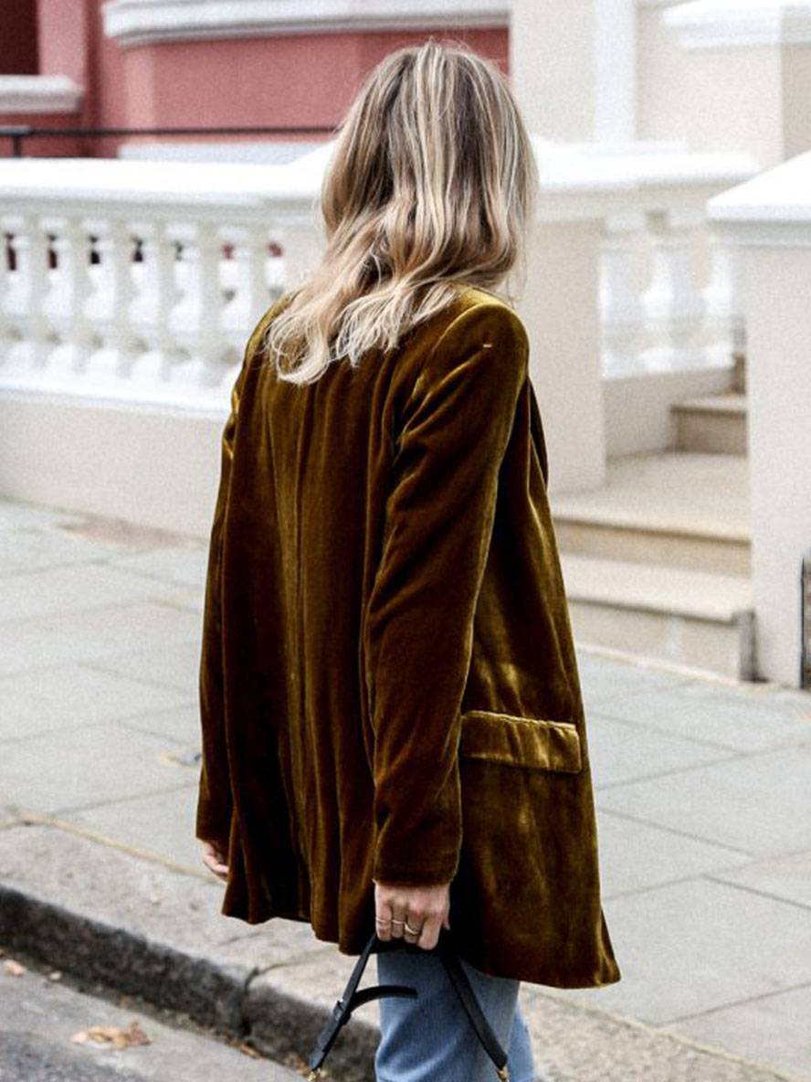 WW | Mittel-Lang Samt Blazer Knöpfe Taschen Lange Ärmel Damen Elegante Mode Jacke