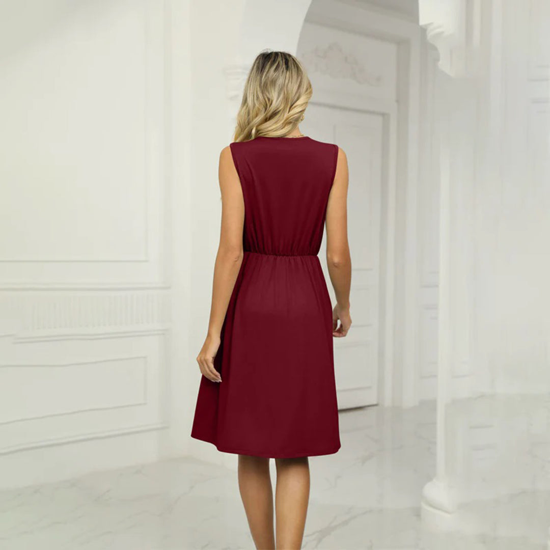 WW | Ärmelloses Kleid V-Ausschnitt Bestickt Tailliert Hoher-Tiefer Saum Fließender Schnitt