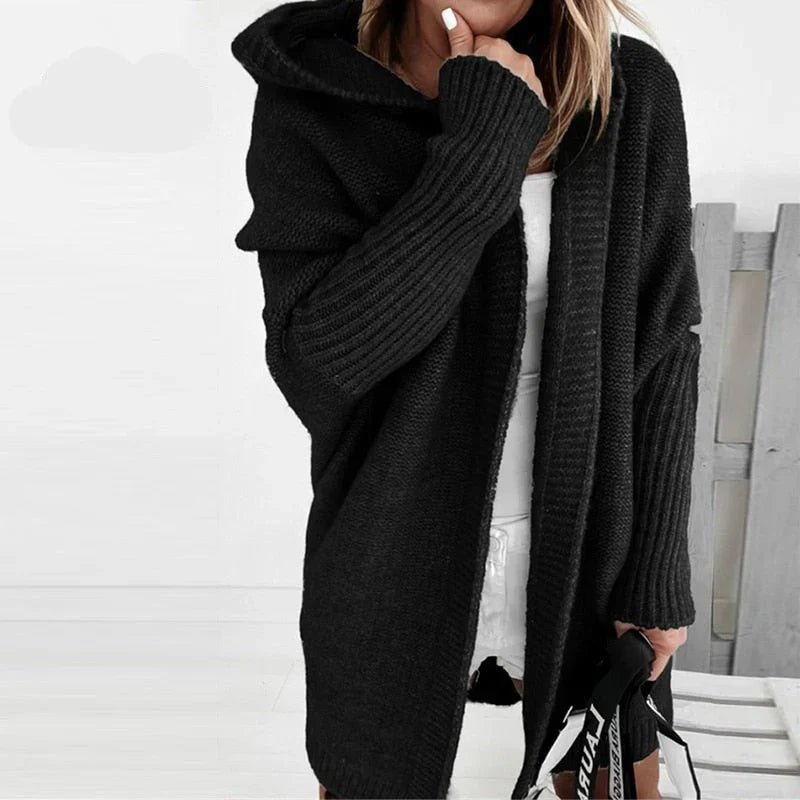 WW | Plus Size Cardigan Fit Wool Hood Open Front Rib Knit