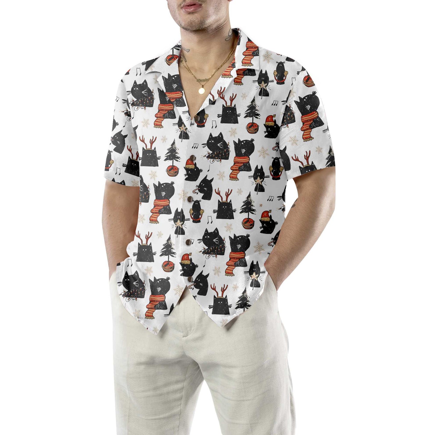 WW | Cartoon Schwarz Katze Frohe Weihnachten Hawaiian Shirt, Lustiges Weihnachtskatze Shirt, Beste Weihnachtsgeschenkidee