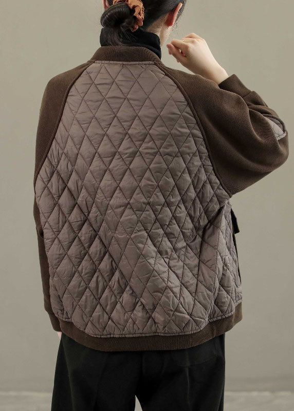 WW | Coffee Scoop Neck Plaid Patchwork Button-Down Jackets Winter