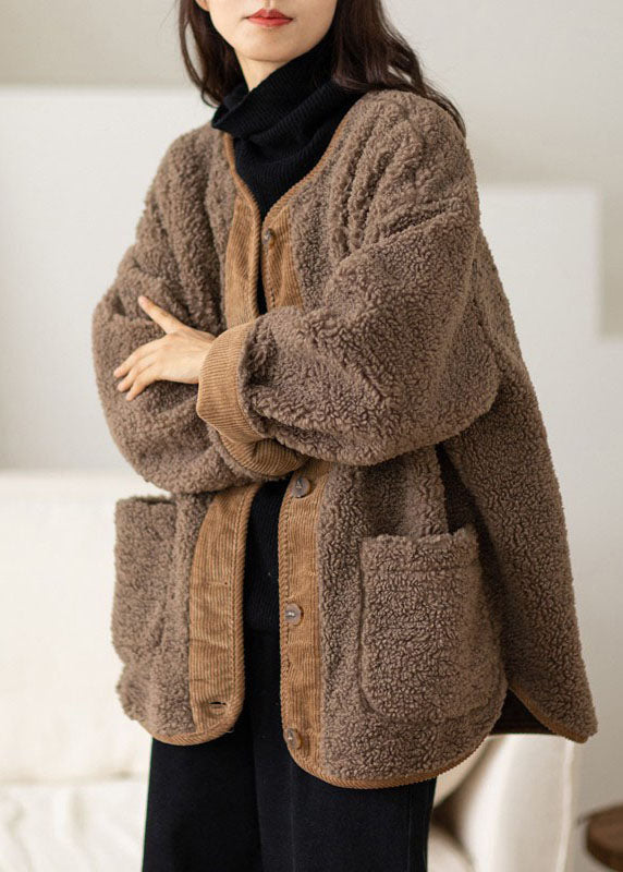 WW | Coffee V-Neck Pockets Button Warm Faux Fur Coats Long Sleeves