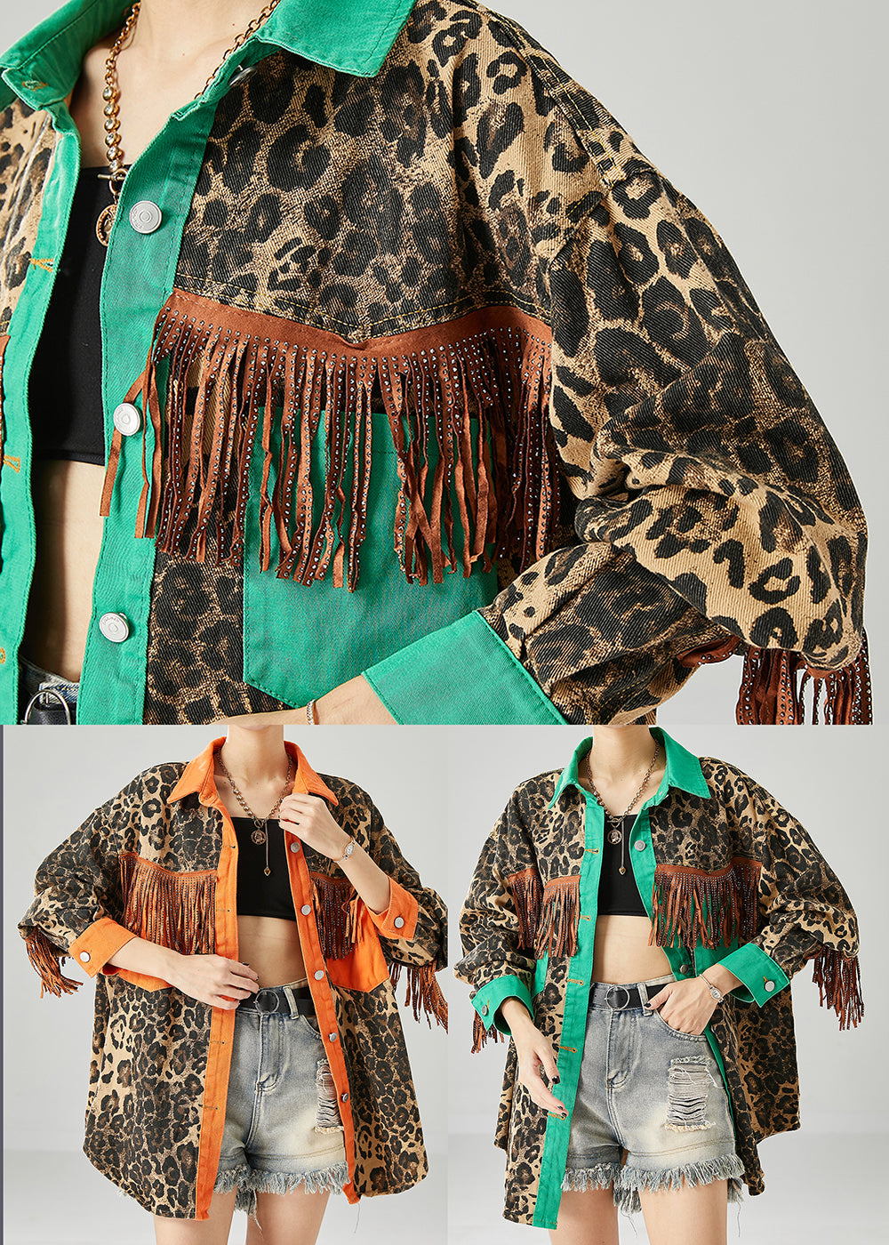 WW | Green Tassel Patchwork Leopard Print Cotton Coats