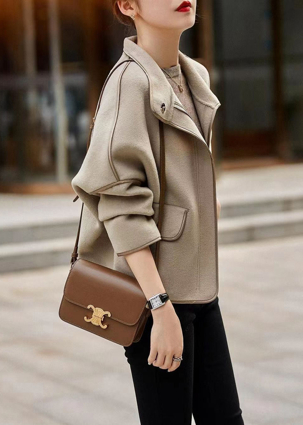 WW | Grey Stand-up Collar Zipper Patchwork Wool Coats