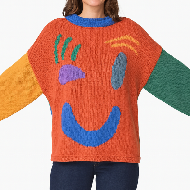 WW | Artist-style knitted sweater - Cozy casual jumper with abstract face pattern