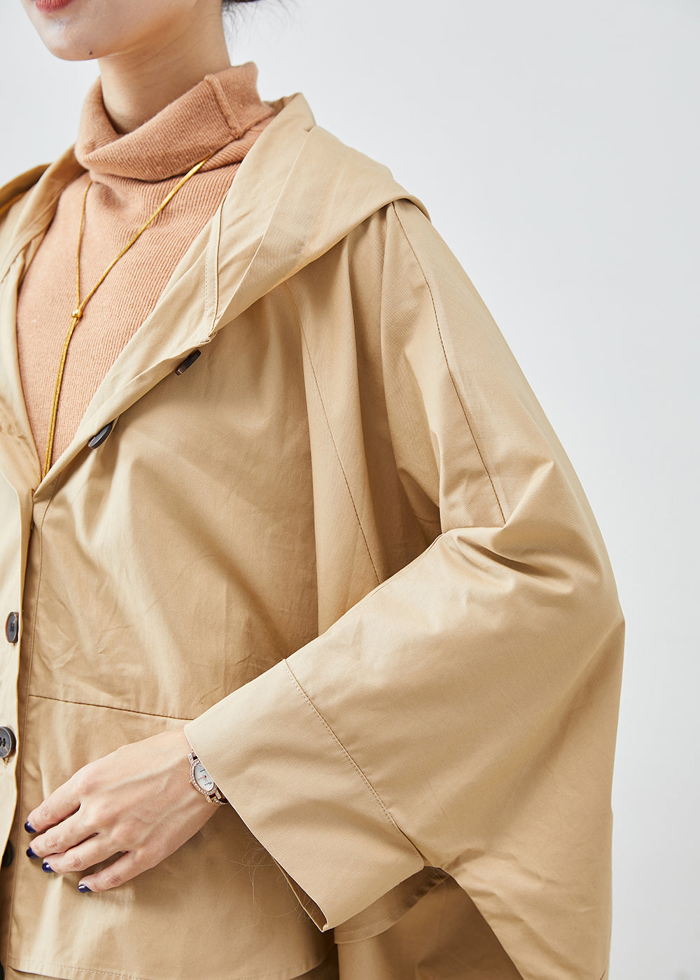 WW | Khaki Oversized Patchwork Cotton Coats Batwing Sleeves