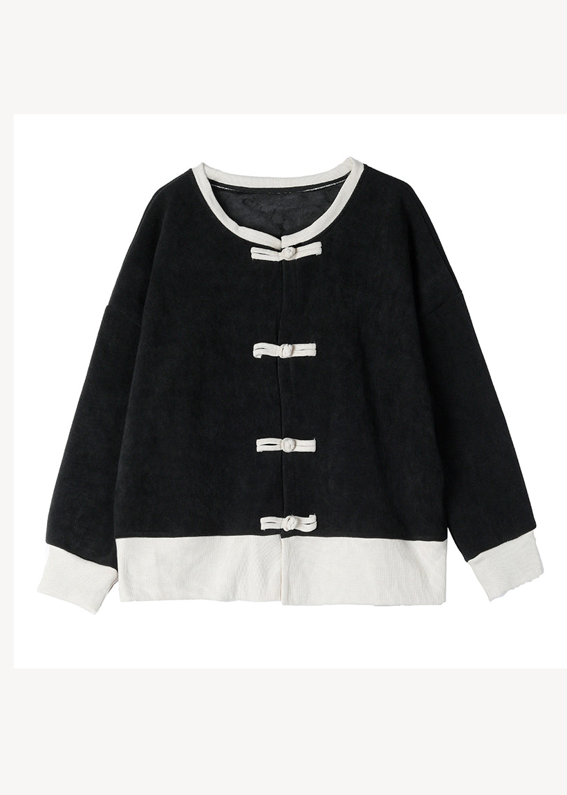 WW | Stil Schwarzer O-Hals Orientalischer Knopf Warmer Fleece-Mäntel