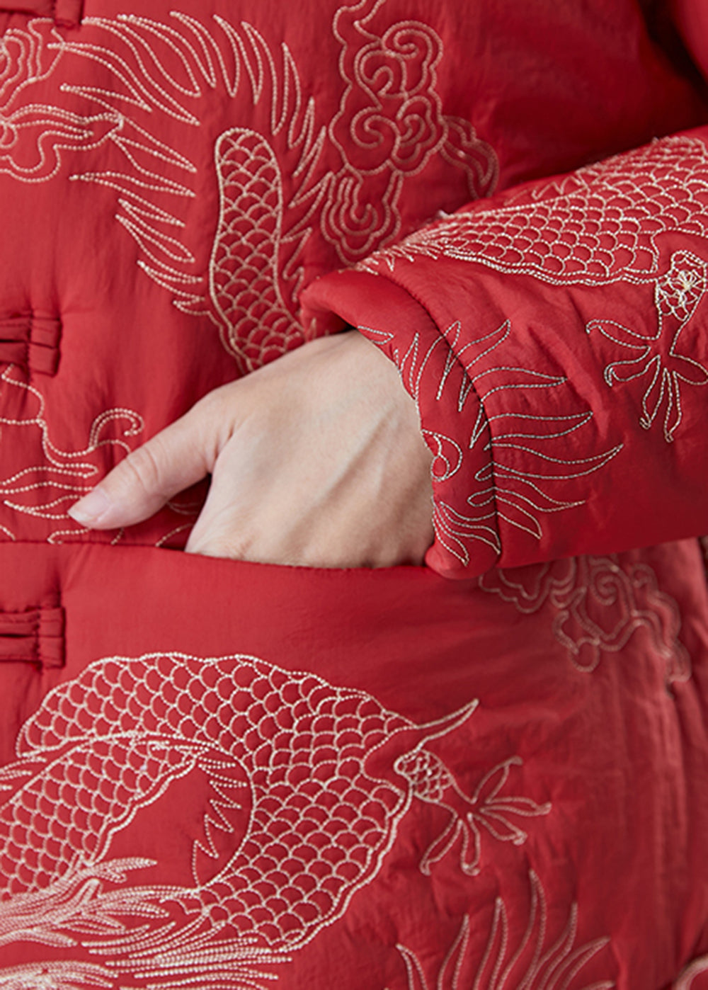 WW | Style Red Embroidered Patchwork Fine Cotton-Filled Winter Coats