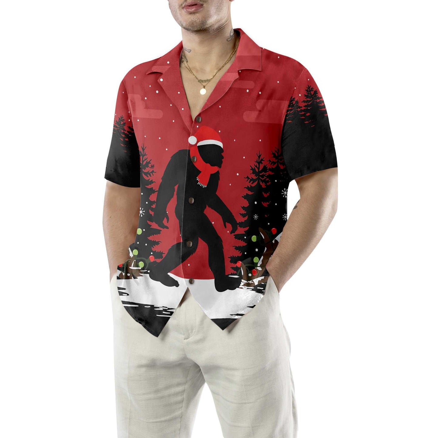 WW | Weihnachts-Bigfoot Im Wald Hawaiian Shirt, Lustiges Weihnachts-Bigfoot-Shirt Für Männer